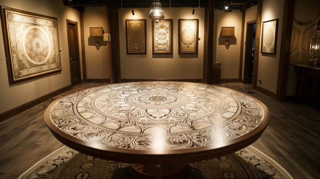 a serene office space features an elegant table adorned with intricate, half-colored mandala designs, surrounded by soft, ambient lighting, inviting viewers to immerse themselves in the calming practice of adult coloring.