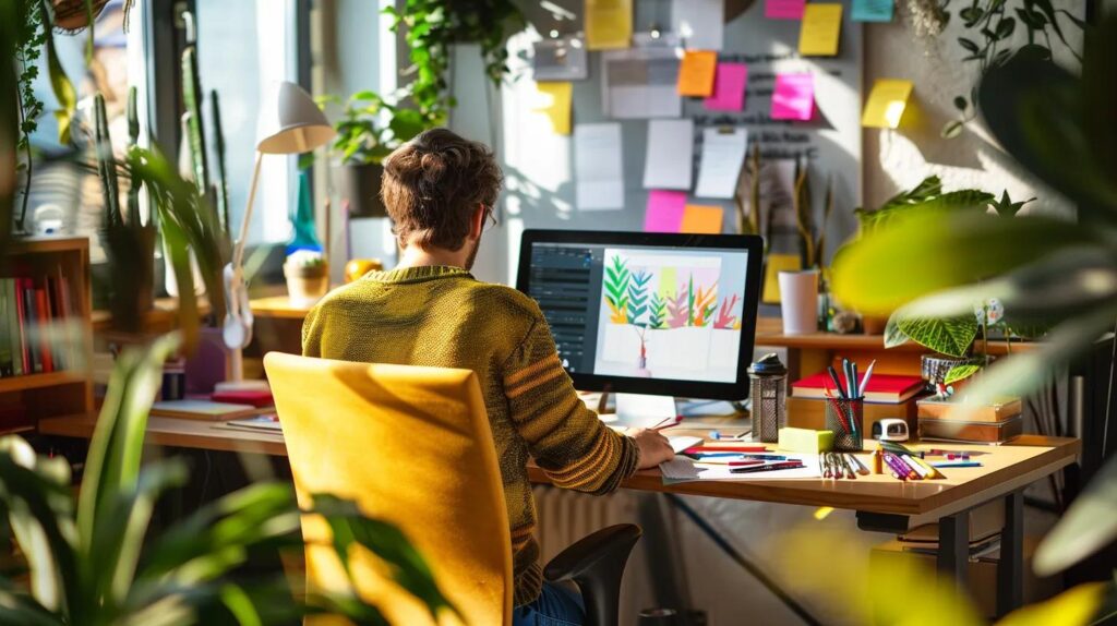a serene office workspace features a neatly organized desk with vibrant coloring materials scattered around, highlighting a focused individual immersed in a coloring activity that emphasizes a calm, concentrated atmosphere.