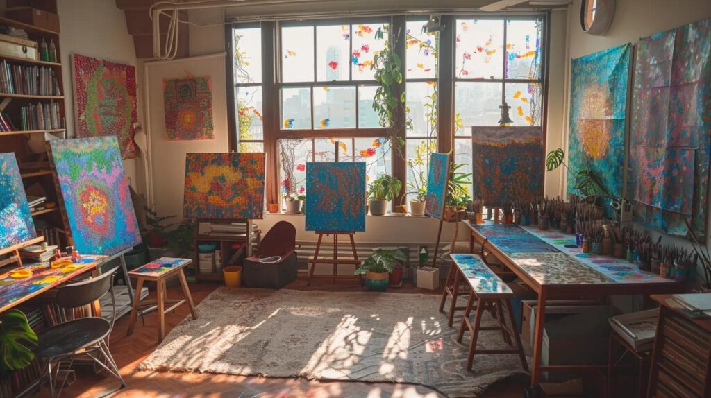a serene, softly lit art therapy studio features an inviting workspace filled with vibrant canvases, scattered art supplies, and a cozy seating area, reflecting a safe environment for adults to explore deep emotional expressions through creative art-making.