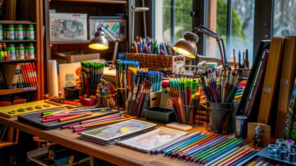 a serene, well-organized art studio is filled with an array of vibrant coloring materials, showcasing neatly arranged adult coloring books, pencils, and markers, illuminated by soft, focused lighting that highlights their therapeutic potential.