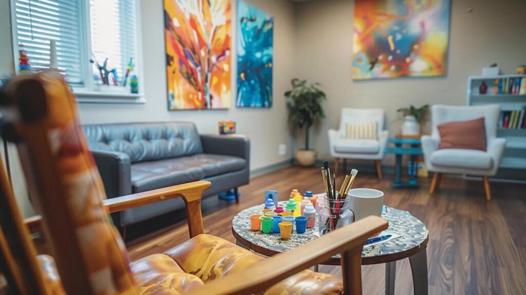 a serene, well-lit therapy room featuring a comfortable chair, vibrant art supplies scattered invitingly on a table, and an abstract painting on the wall, all set to convey the welcoming atmosphere of art therapy for adults.