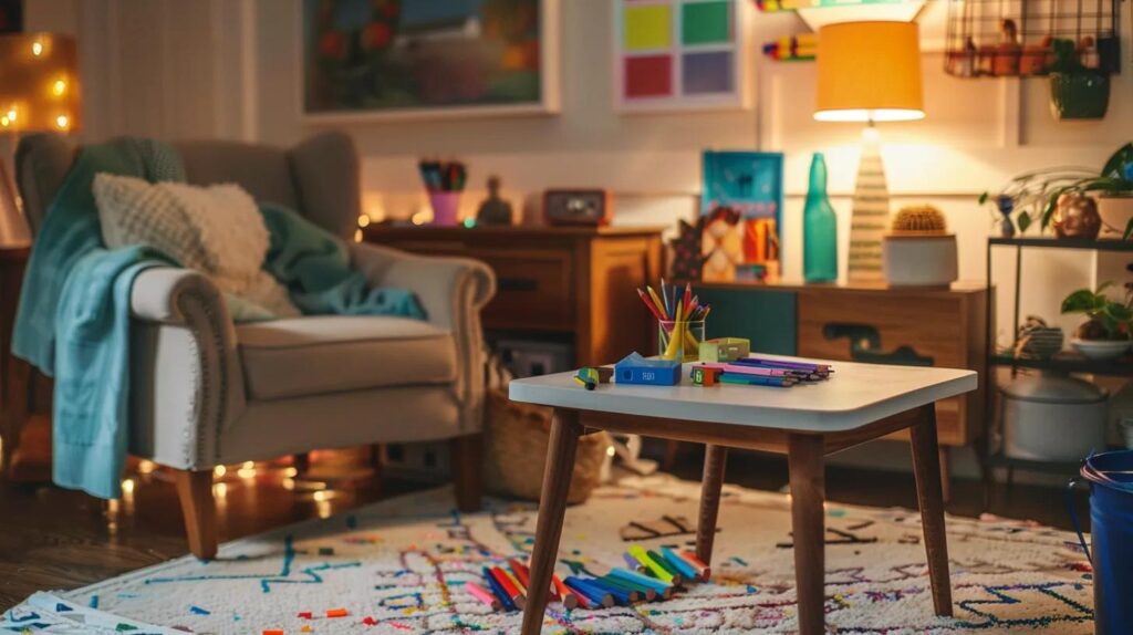 a serene, well-organized indoor coloring space features a cozy armchair, a stylish table adorned with vibrant coloring supplies, and calming ambient lighting that invites relaxation and creativity.