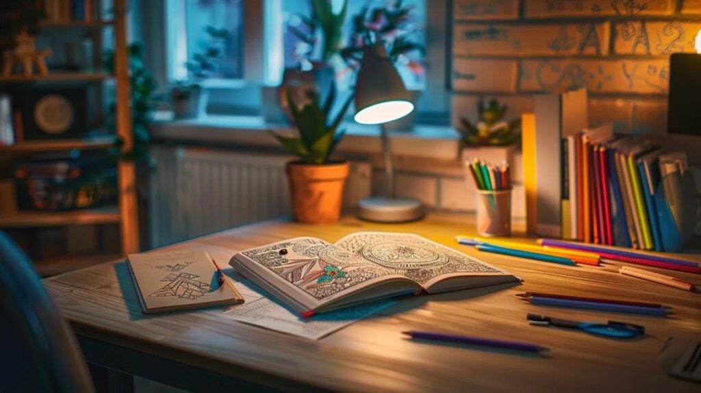 a serene, well-organized workspace featuring an intricately designed adult coloring book open on a stylish desk, accompanied by vibrant colored pencils scattered neatly, illuminated by soft, warm office lighting that enhances the atmosphere of mindfulness and creativity.