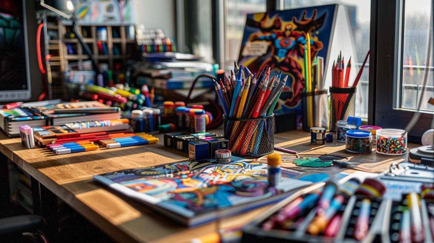 a vibrant and colorful workspace filled with an array of intricately designed marvel superhero coloring pages spread across a sleek desk, featuring markers and art supplies, capturing a sense of creative fun and artistic expression.