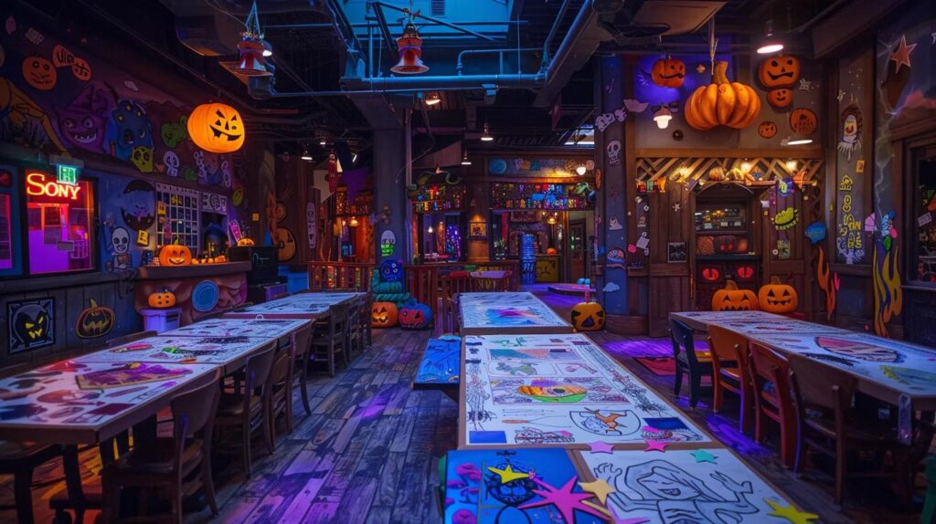 a vibrant and engaging indoor setting showcases a variety of halloween-themed coloring pages sprawled across a large table, featuring playful designs of cheerful pumpkins, whimsical ghosts, and intricate haunted houses, illuminated by warm, ambient lighting that invites creativity and fun.