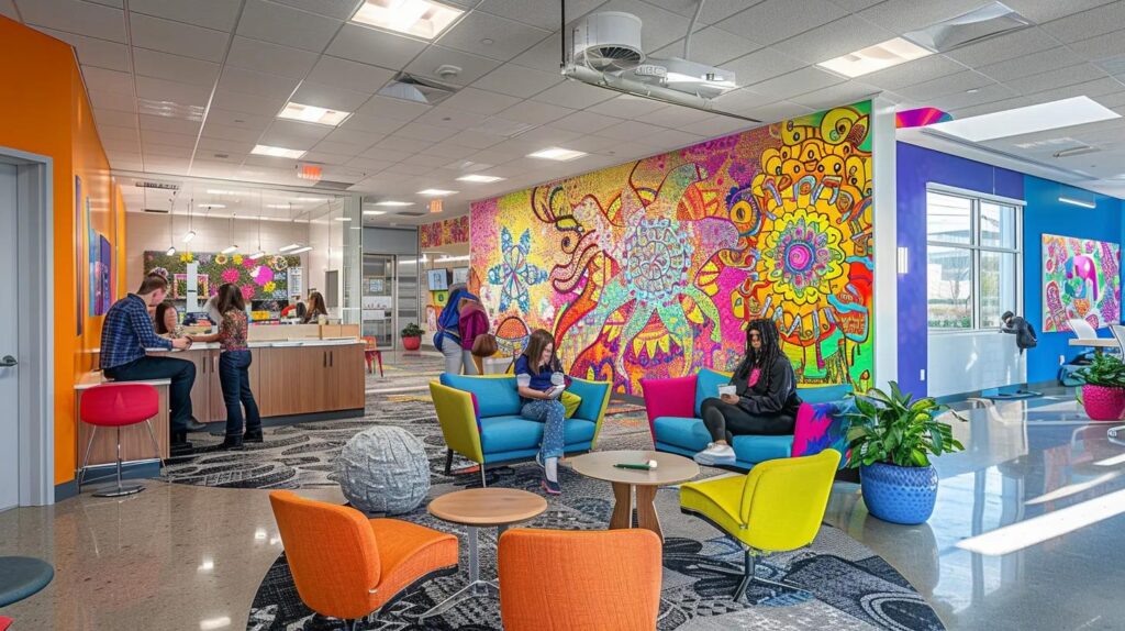 a vibrant and engaging office environment showcases individuals deeply immersed in coloring elaborate designs, highlighting their focus and creativity, with colorful artwork scattered around, symbolizing enhanced cognitive skills and problem-solving abilities.