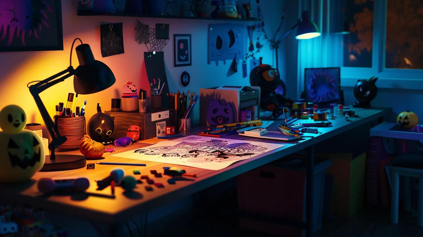 a vibrant and engaging workspace filled with colorful halloween-themed coloring pages scattered across a sleek desk, illuminated by warm ambient lighting, evoking a sense of creative fun and festivity.