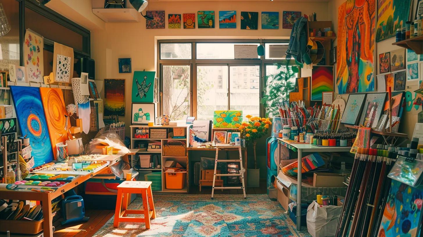 a vibrant and inviting art studio filled with colorful canvases and assorted coloring supplies, where individuals immerse themselves in the therapeutic act of coloring, exuding a serene atmosphere that emphasizes creativity as a remedy for anxiety.