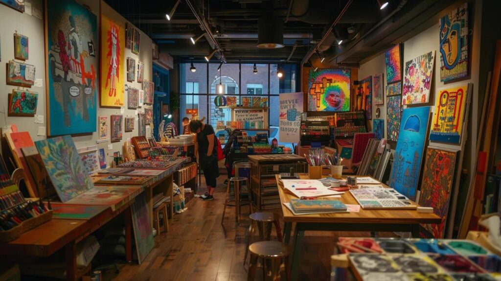a vibrant and inviting urban art studio filled with colorful adult coloring books and various art supplies, showcasing individuals deeply immersed in the creative process of coloring, illuminated by warm, ambient lighting.