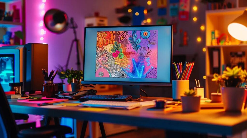 a vibrant and inviting workspace features an array of meticulously colored adult coloring pages spread across a sleek desk, illuminated by warm ambient lighting, highlighting the creativity and relaxation benefits of adult coloring.