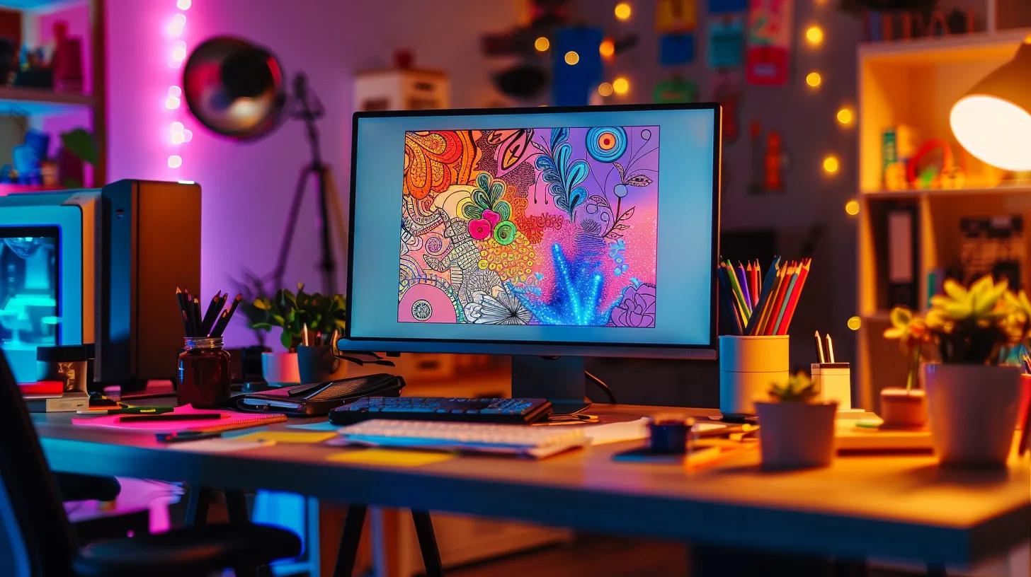 a vibrant and inviting workspace features an array of meticulously colored adult coloring pages spread across a sleek desk, illuminated by warm ambient lighting, highlighting the creativity and relaxation benefits of adult coloring.