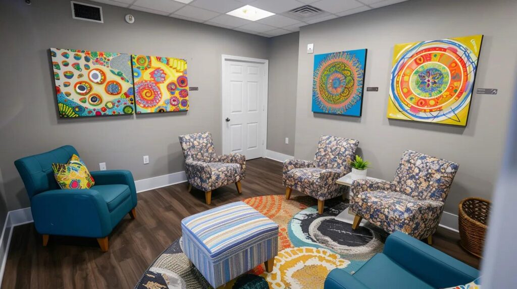 a vibrant and inviting therapy room, featuring an array of colorful patterned art on the walls and cozy seating, designed to evoke calm and reduce anxiety.