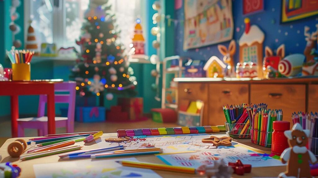 a vibrant and inviting indoor setting showcases a cozy children's art corner adorned with colorful christmas coloring pages featuring whimsical snowflakes, cheerful reindeer, and festive gingerbread houses, accompanied by an array of art supplies waiting for little hands to unleash their holiday creativity.