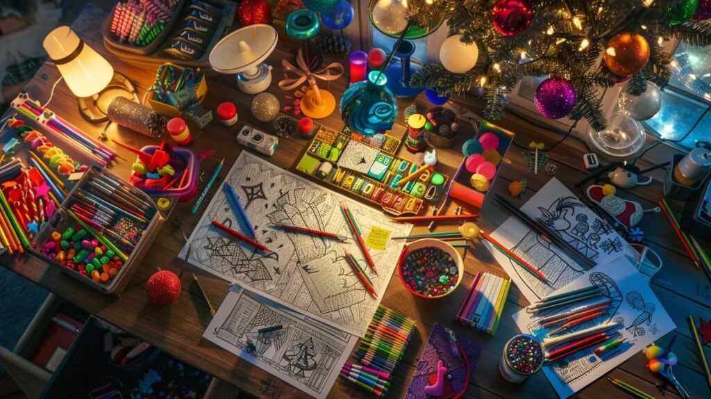a vibrant and organized creative workspace filled with colorful christmas-themed coloring pages, an array of art supplies, and festive decorations, inviting exploration and inspiration for diy holiday crafts.