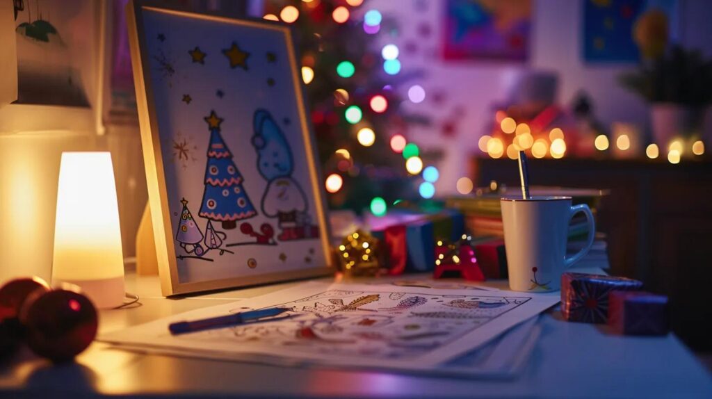 a vibrant assortment of diverse printable christmas coloring sheets, showcasing various festive designs, displayed on a sleek modern desk illuminated by warm artificial light in a cozy indoor office setting.