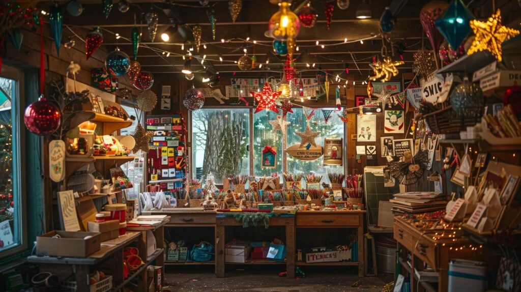 a vibrant, bustling craft studio filled with colorful repurposed holiday decorations and personalized gifts, showcasing transformed festive coloring pages as unique ornaments and cheerful greeting cards against a backdrop of warm, inviting lighting and creative tools.