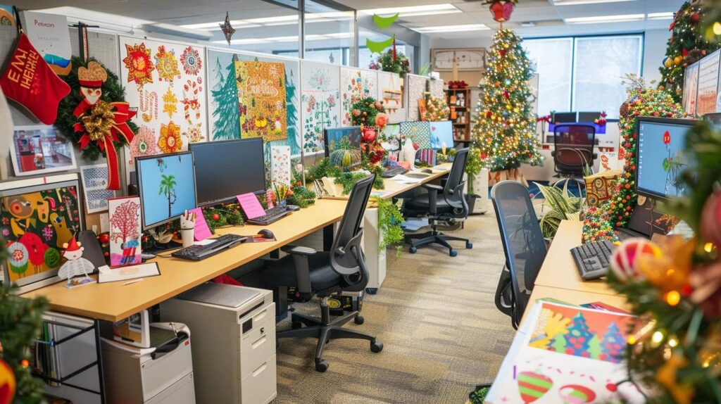 a vibrant, bustling holiday-themed office space filled with colorful prints of various christmas coloring sheets displayed on desks alongside festive decorations, capturing the joyful spirit of the season and inviting creativity.