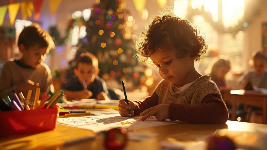 a vibrant, cheerful classroom filled with young children eagerly coloring festive christmas-themed pages, showcasing their colorful creations in a sunlit atmosphere with engaging decorations.