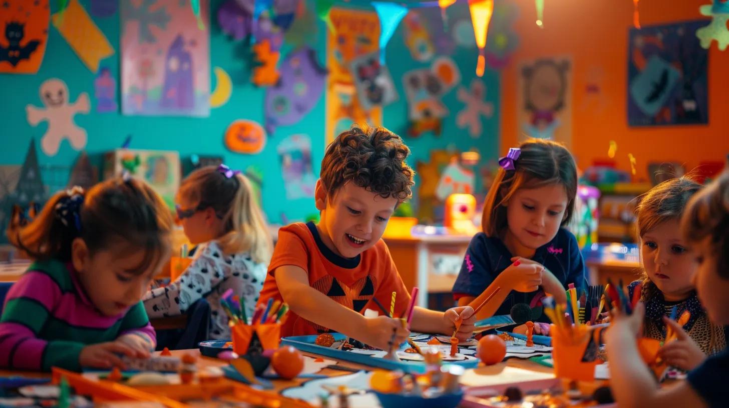 a vibrant classroom brimming with excited children surrounded by colorful halloween-themed coloring pages and art supplies, as they immerse themselves in a world of creativity and festive imagination.