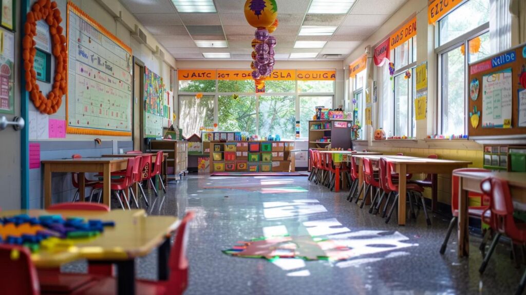 a vibrant classroom filled with diverse, colorful halloween-themed educational coloring pages pinned to the walls, showcasing various designs tailored for different age groups and learning styles.