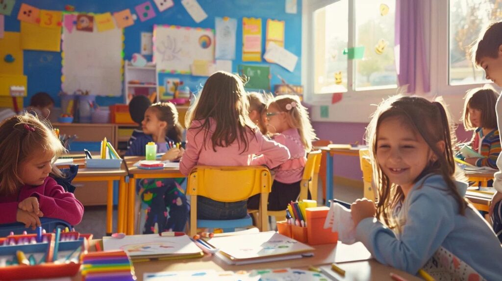 a vibrant classroom filled with children enthusiastically coloring intricate halloween-themed pages, surrounded by colorful art supplies and decorated walls, highlighting the blend of creativity and skill development.