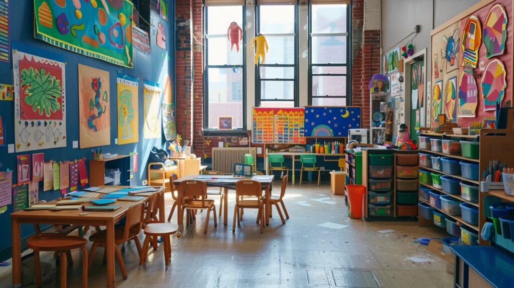 a vibrant classroom filled with diverse, colorful art projects showcasing young artists at work, surrounded by inspiring designs and tools, encouraging creativity and self-expression.