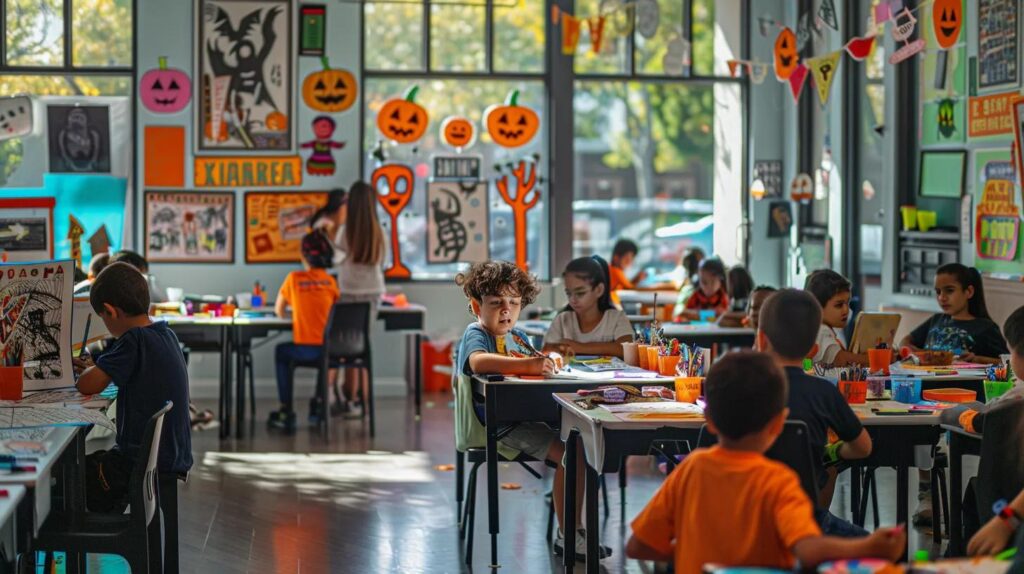 a vibrant classroom filled with eager children coloring an array of spooky and whimsical halloween-themed pages, surrounded by an eclectic display of finished artwork featuring playful ghosts and eerie monsters.