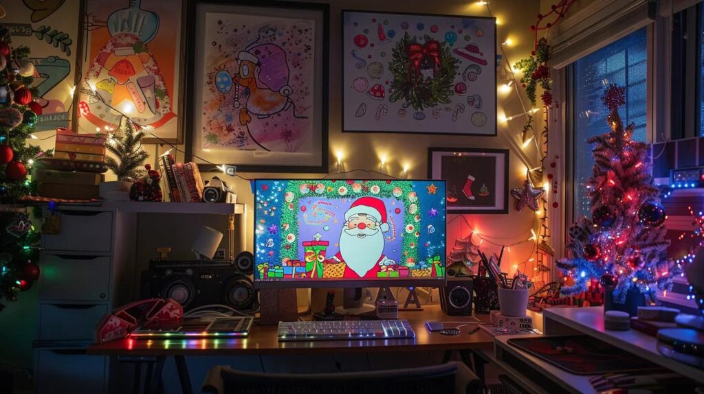 a vibrant, colorful digital workspace showcasing a computer screen displaying a variety of whimsical santa claus coloring pages, with festive decorations and cozy lighting creating a cheerful atmosphere.