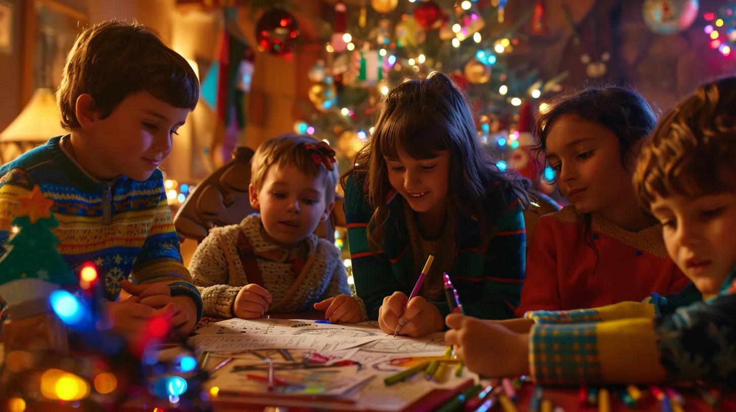 a vibrant, cozy indoor setting features a cheerful group of children gathered around a table, excitedly coloring in printable christmas coloring sheets, surrounded by holiday decorations and colorful art supplies.
