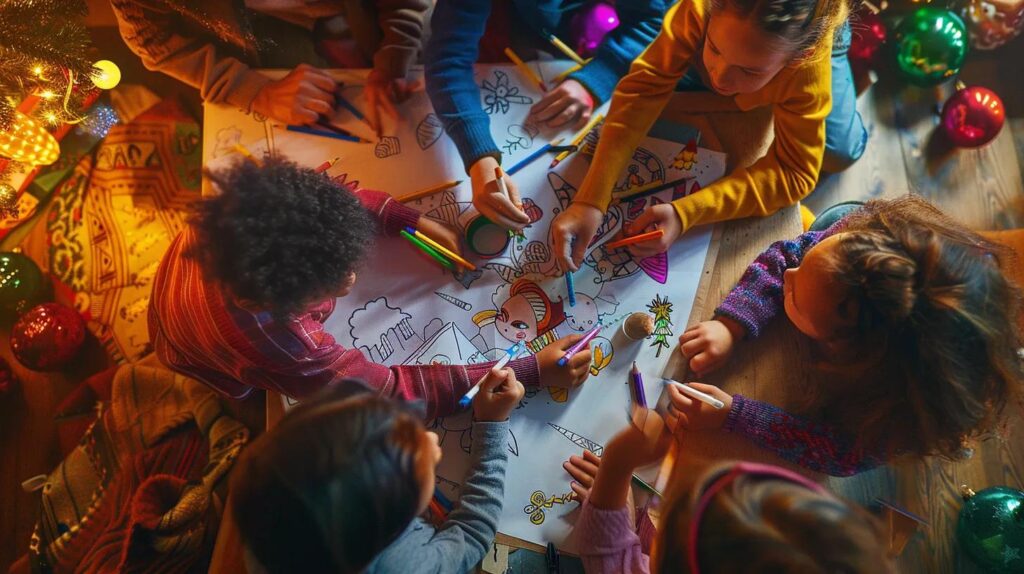 a vibrant, cozy indoor setting showcases a diverse group of people of all ages joyfully engaged in coloring festive christmas illustrations, surrounded by colorful pencils and holiday decorations.