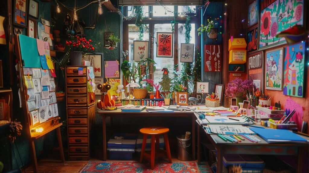 a vibrant, cozy indoor coloring nook filled with festive christmas designs, colorful art supplies, and a cheerful atmosphere, inviting creativity and holiday spirit.