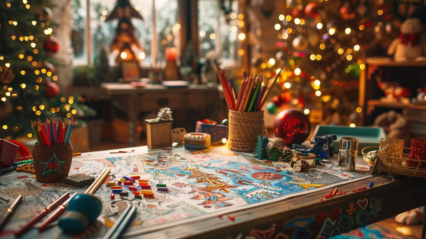 a vibrant, cozy indoor scene showcasing a table adorned with colorful diy christmas coloring crafts, featuring pencil crayons, festive decorations, and intricate designs, all under warm ambient lighting that evokes a cheerful holiday spirit.