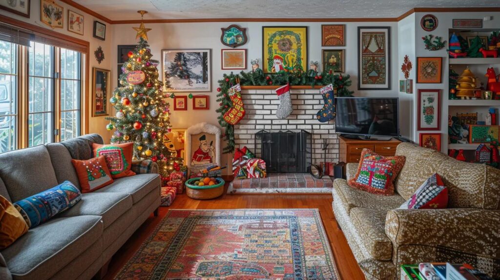 a vibrant, cozy living room filled with colorful christmas decorations showcases repurposed, framed coloring illustrations hanging on the walls, evoking a festive and personalized holiday atmosphere.