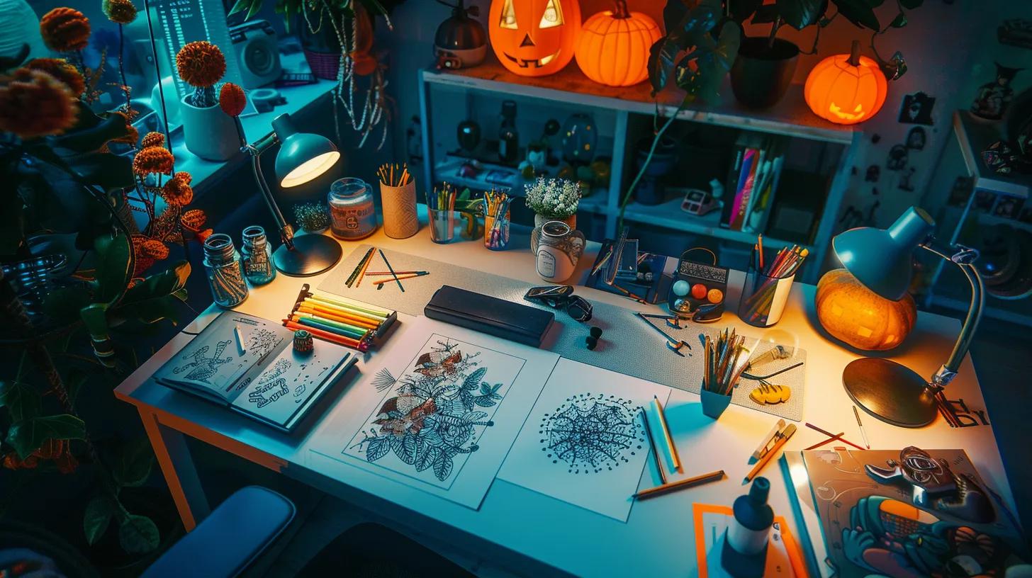 a vibrant, dynamic workspace filled with colorful halloween-themed coloring pages scattered across a sleek modern desk, illuminated by warm overhead lights, inviting creativity and festive spirit.