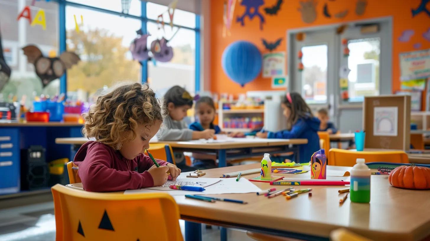 a vibrant, engaging classroom filled with children coloring festive halloween-themed pages, surrounded by colorful art supplies and spooky decorations, capturing the spirit of creative learning.