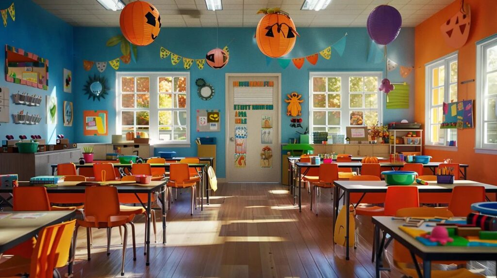 a vibrant, engaging classroom setting filled with colorful halloween-themed coloring pages on desks, showcasing a variety of educational designs tailored for different age groups, emphasizing creativity and learning.