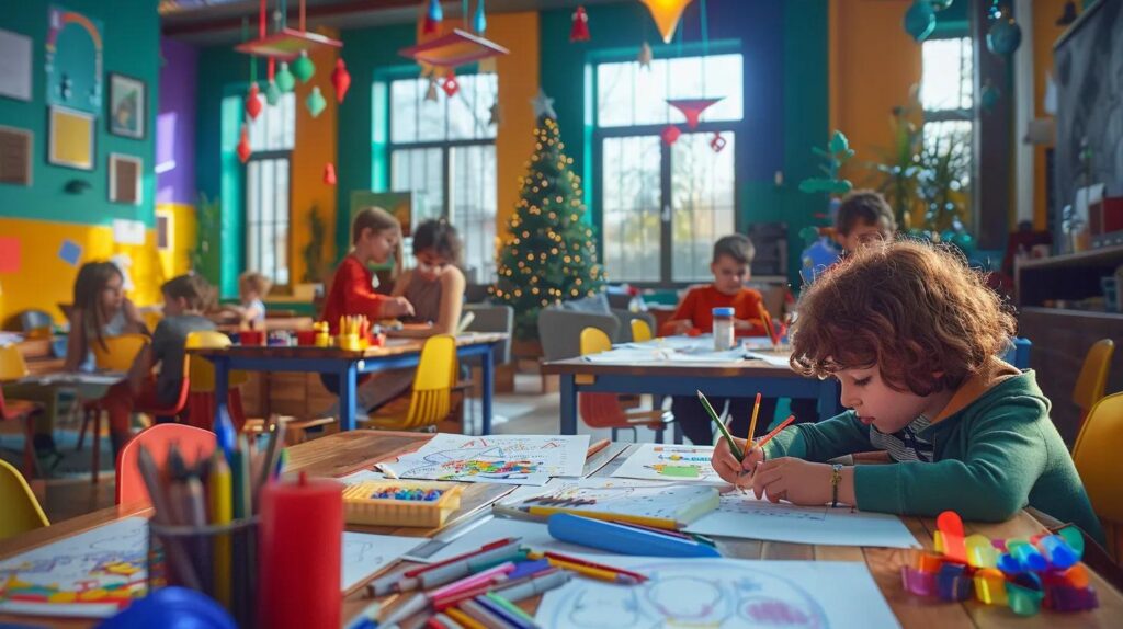 a vibrant, engaging office space filled with children enthusiastically coloring christmas-themed pages, surrounded by colorful art supplies and cheerful decorations that inspire creativity and artistic expression.