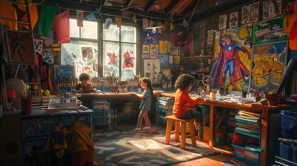 a vibrant, engaging scene captures a colorful indoor workspace where children eagerly color dynamic marvel superheroes, showcasing their creativity amidst a backdrop filled with crayons, art supplies, and superhero posters.