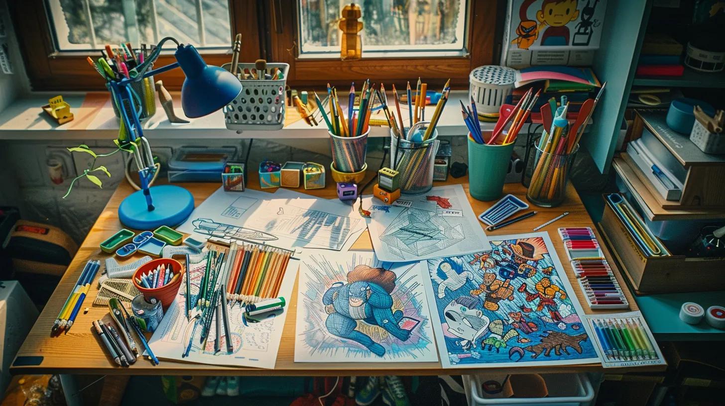 a vibrant, engaging workspace filled with superhero-themed coloring pages strewn across a creative table, showcasing bold illustrations and colorful art supplies, inviting imaginative play for every boy's whimsical adventures.
