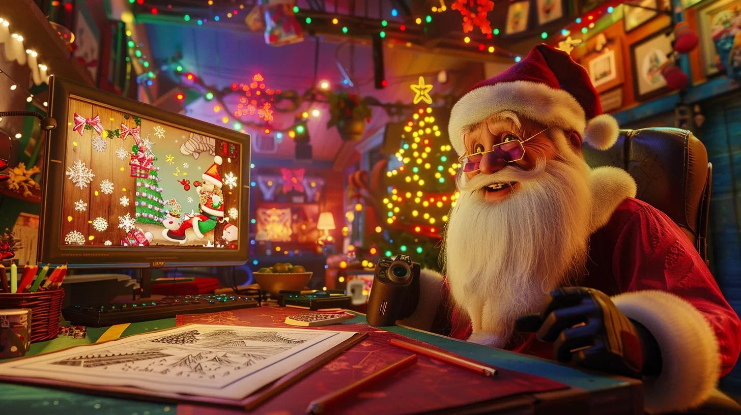 a vibrant, festive workspace filled with colorful christmas coloring pages featuring a jolly santa claus, illuminated by cheerful overhead lights and adorned with holiday decorations, creating a magical atmosphere of creativity and joy.