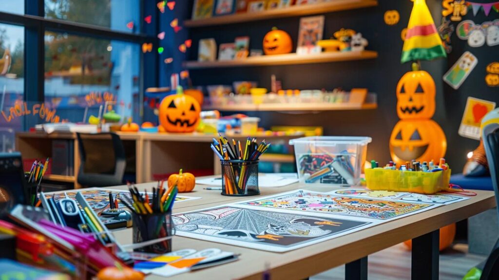 a vibrant, high-contrast office space showcases an open table filled with intricate halloween-themed coloring pages, an assortment of colorful art supplies scattered around, and an inspiring atmosphere that encourages creative exploration and artistic expression.