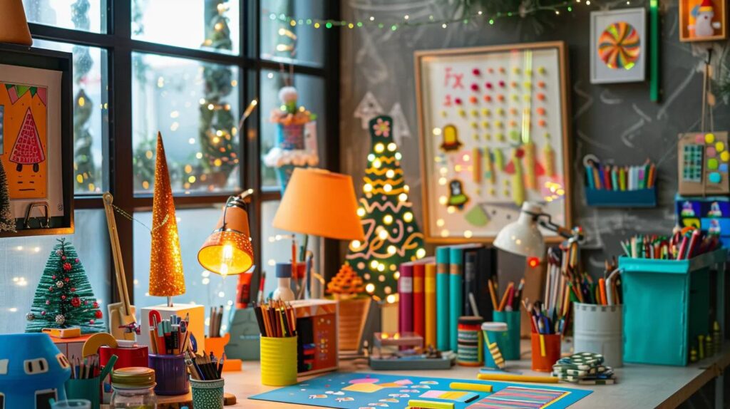 a vibrant home office scene showcases a stylishly organized workspace adorned with colorful christmas printables and festive art supplies, embodying the joy of holiday creativity and instant fun.