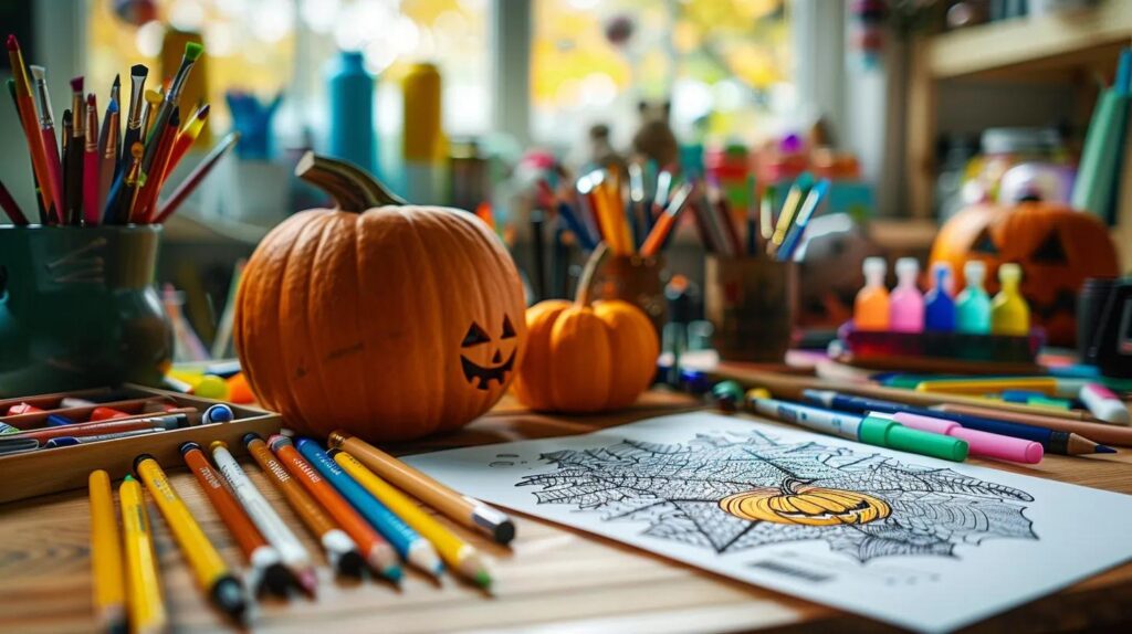 a vibrant indoor art studio filled with a variety of coloring tools, such as markers, colored pencils, and paint, arranged around a sophisticated halloween-themed coloring page brought to life with rich textures and a playful palette.