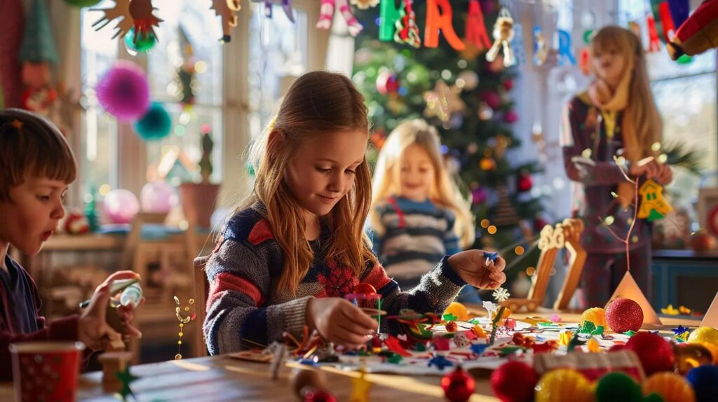 a vibrant indoor scene captures children enthusiastically engaged in colorful diy christmas crafts, surrounded by festive decorations and a cheerful, inviting workspace that sparks creativity and joy.