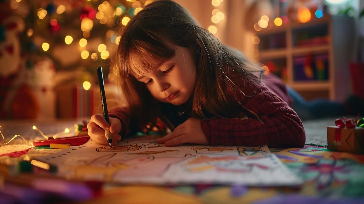 a vibrant indoor scene features colorful christmas-themed coloring pages spread across a cheerful child's art table, illuminated by warm, cozy lighting that enhances the joyful atmosphere of creativity and holiday spirit.