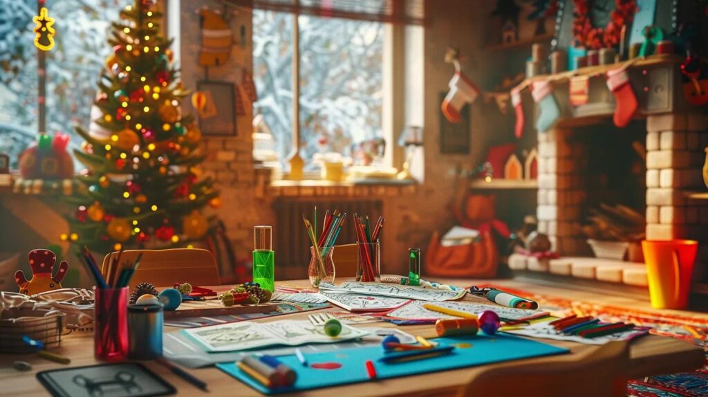 a vibrant indoor scene showcasing a cozy holiday-themed workspace filled with colorful christmas coloring pages, assorted art supplies, and festive decorations, radiating a warm and inviting atmosphere.