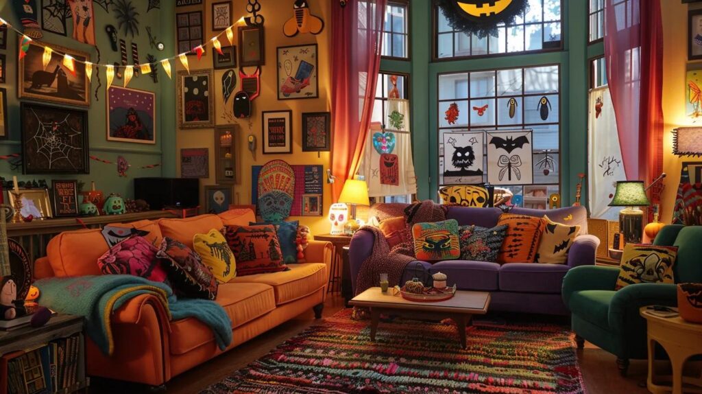 a vibrant indoor scene showcases a creatively decorated living room adorned with framed halloween coloring sheets, colorful window silhouettes, and spooky bunting, accentuating a festive ambiance perfect for the halloween season.