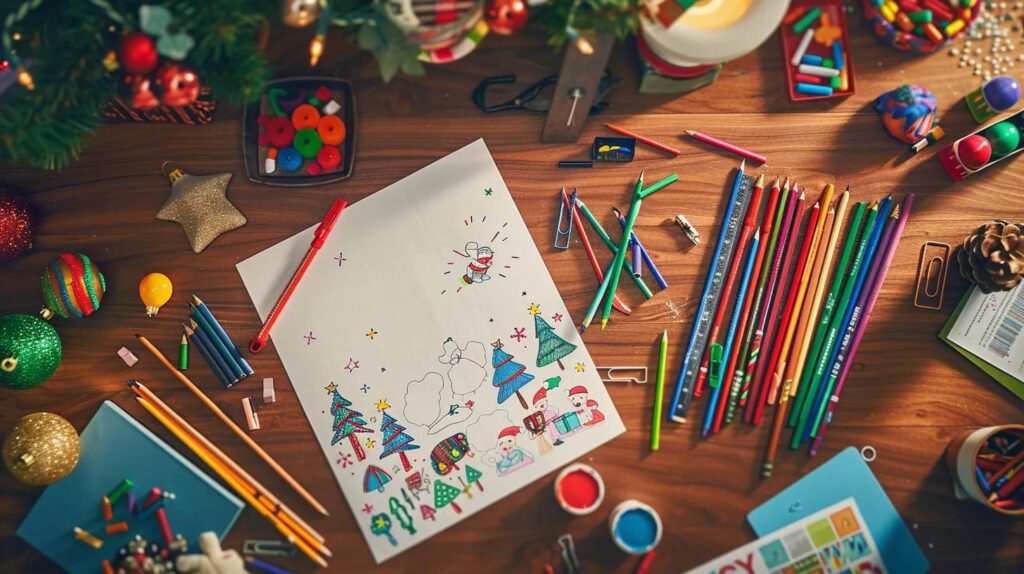 a vibrant, inviting workspace filled with colorful christmas coloring illustrations displayed on a sleek wooden desk, with whimsical designs of santa claus and nativity scenes artfully arranged alongside art supplies and festive decorations, capturing the joyful spirit of the holiday season.