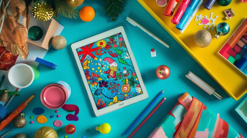 a vibrant, inviting workspace showcases a digital tablet displaying a colorful christmas-themed coloring page, surrounded by festive decorations and art supplies, capturing the spirit of creativity and holiday cheer.