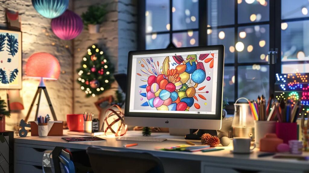a vibrant, modern digital workspace showcases a sleek computer screen displaying a user-friendly christmas coloring page generator, surrounded by colorful festive decorations and unfinished holiday craft projects, evoking a creative holiday spirit.